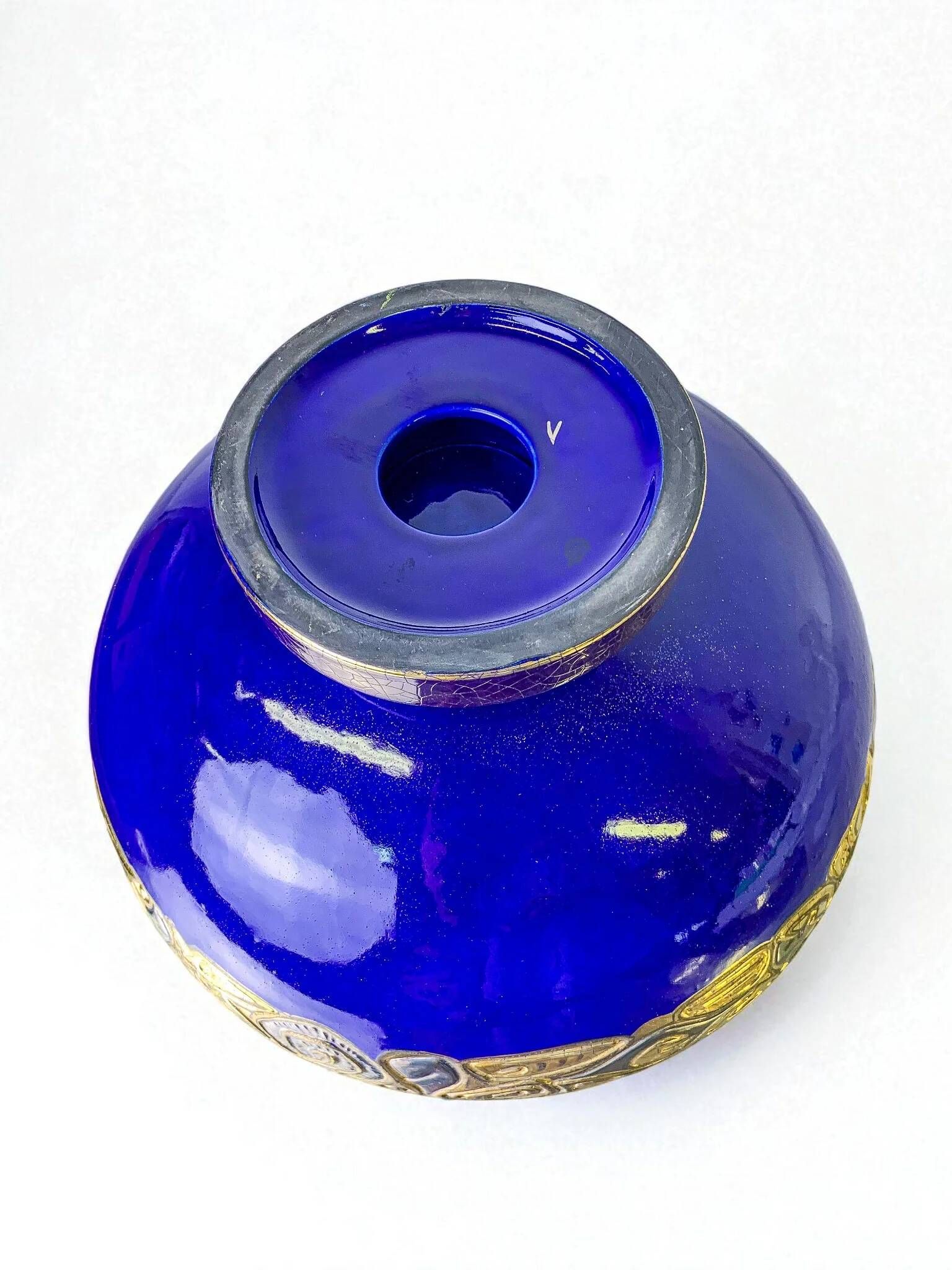 Art Deco French ceramic centerpiece bowl, hand-painted cobalt blue & gold, 20th century