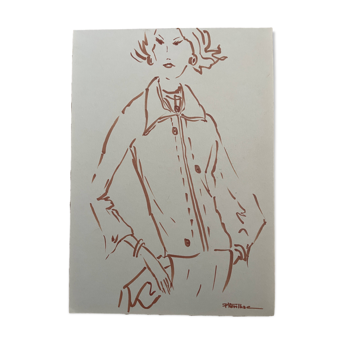Painting signed in ink fashion engraving "study model of woman's jacket"