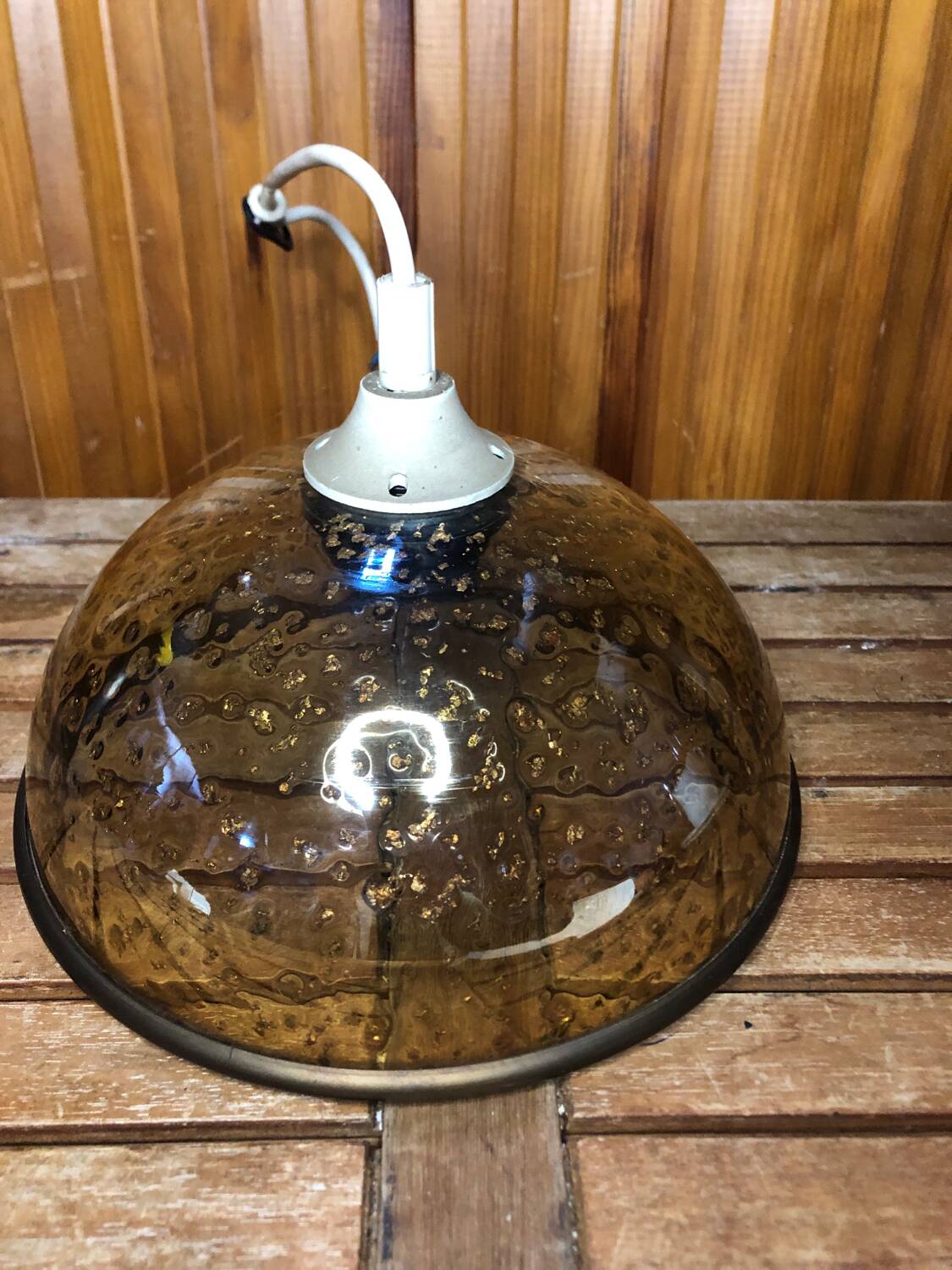 Old pendant lamp molded glass gold inlay + vintage brass contour
