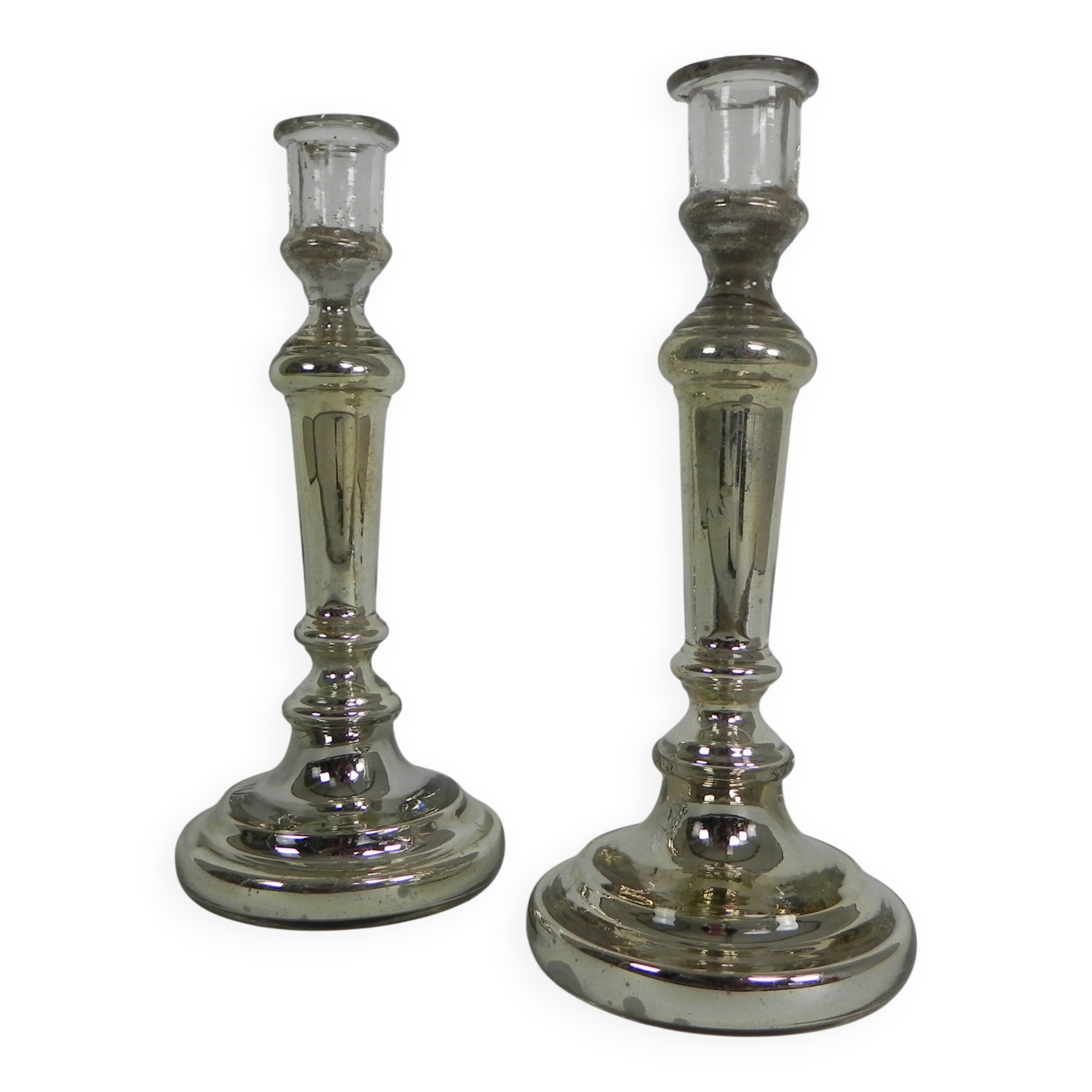 Set of 2 mercury candlesticks, circa 1900 (poor man's silver)