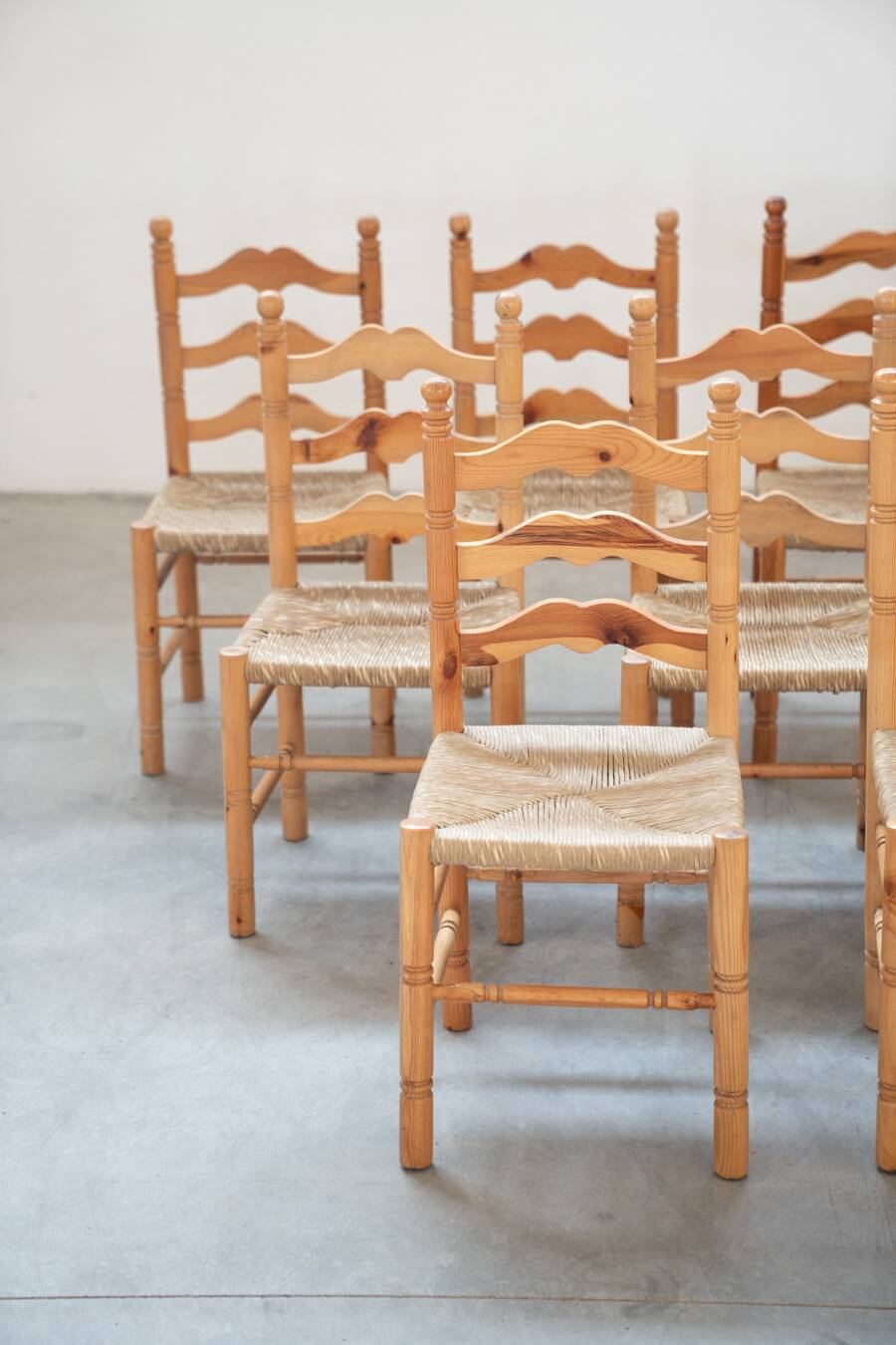 Rustic Friulian chairs with turned legs, set of 12, 1980-1990