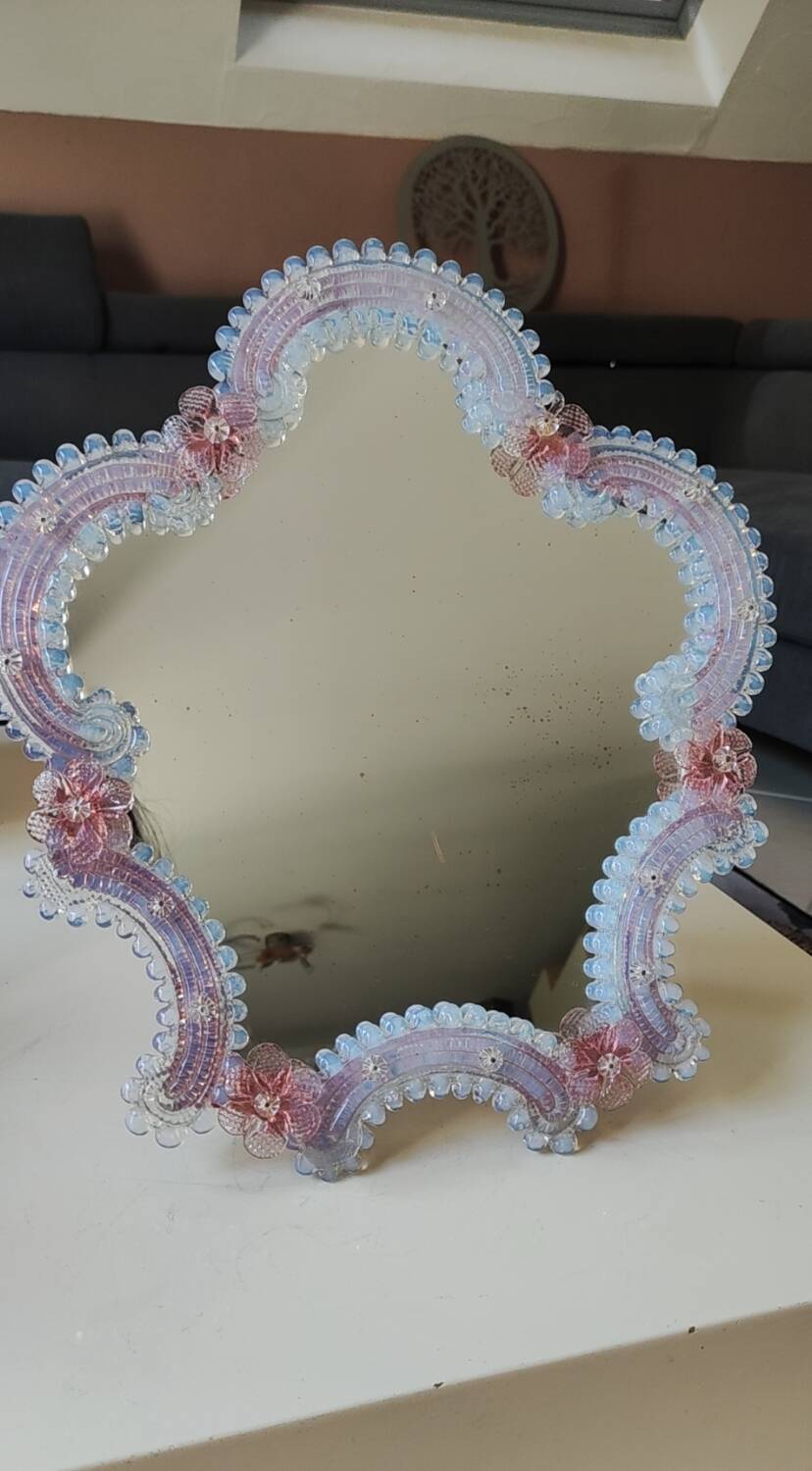 Iridescent blown glass mirror table/dressing table Murano. Floral patterns.