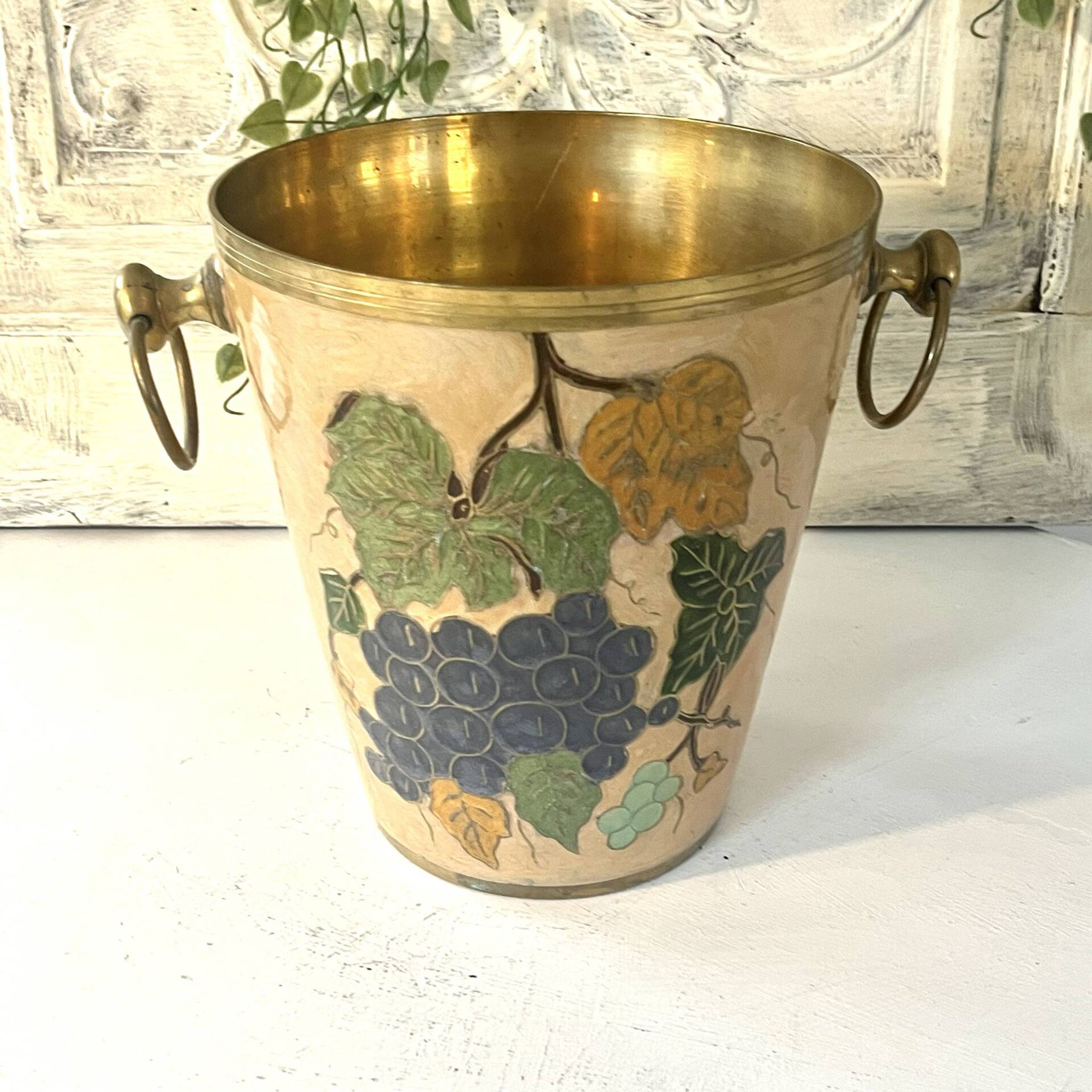 French vintage cloisonne champagne bucket with grape and vine design