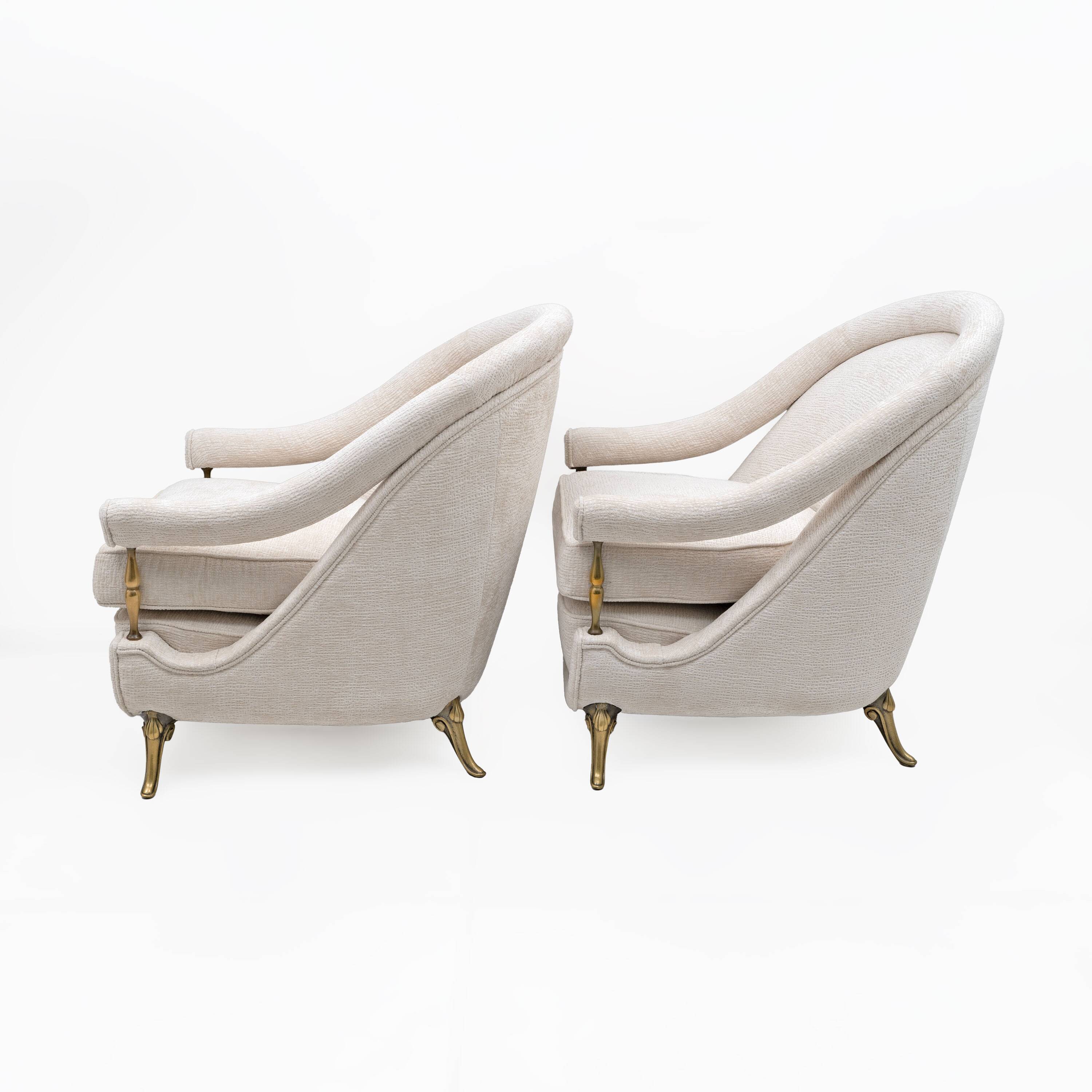Pair of French Mid-Century Armchairs in Art Deco Style with Brass Details