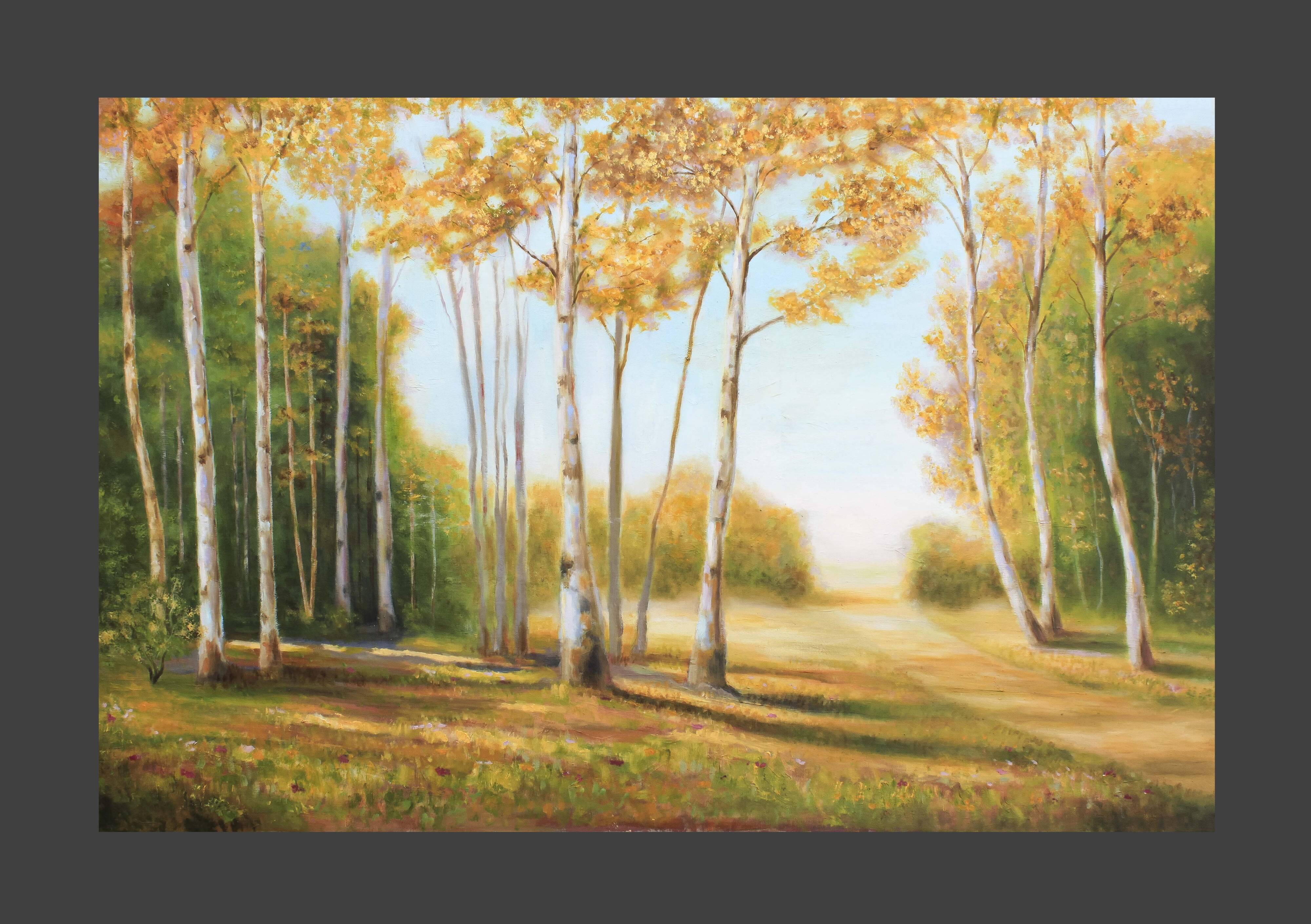 Cuadro con paisaje de álamos pintado al oleo sobre lienzo. Oil painting