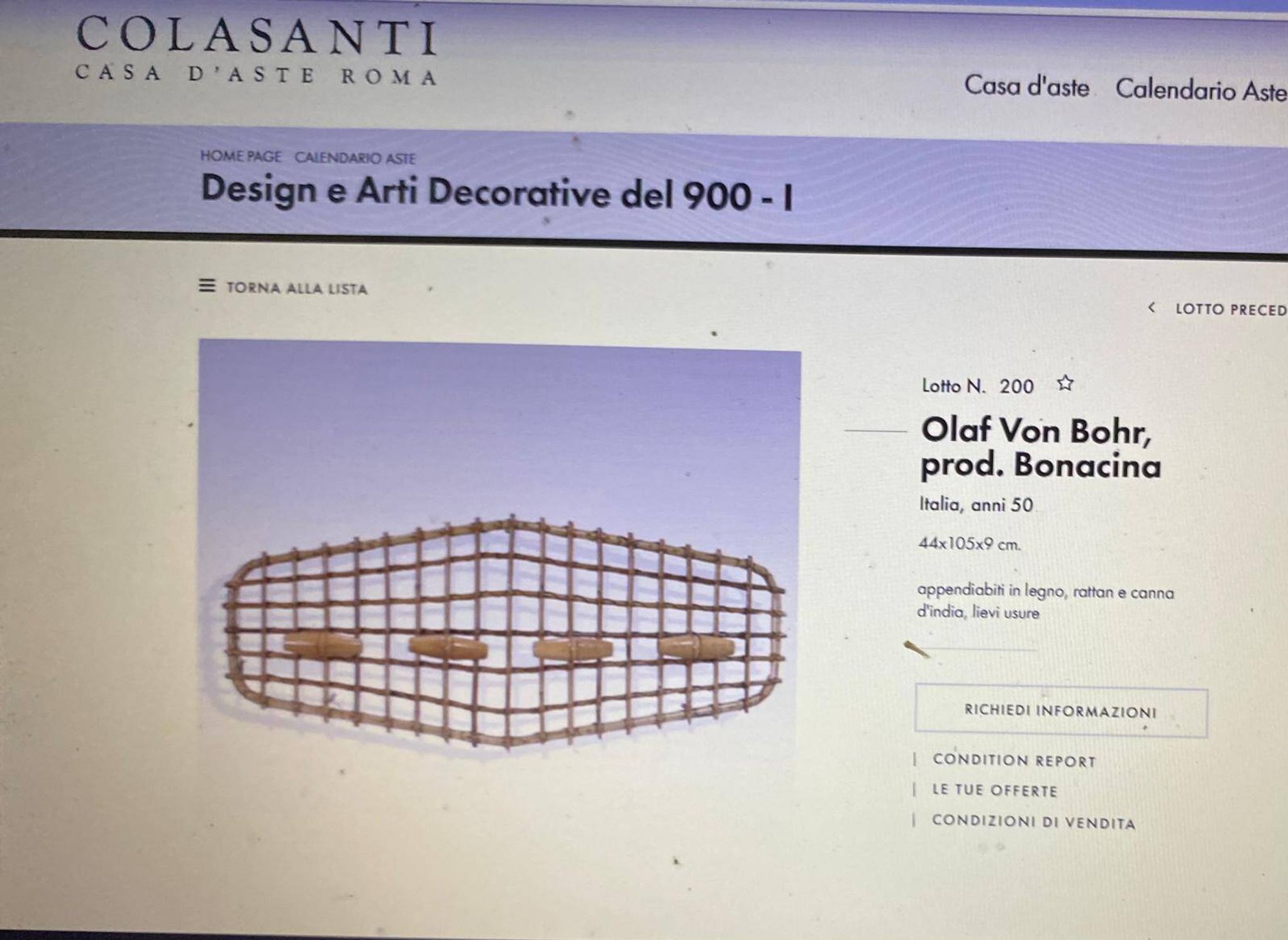 Italian Mid-Century Bamboo and Rattan Coat Rack, 1960s