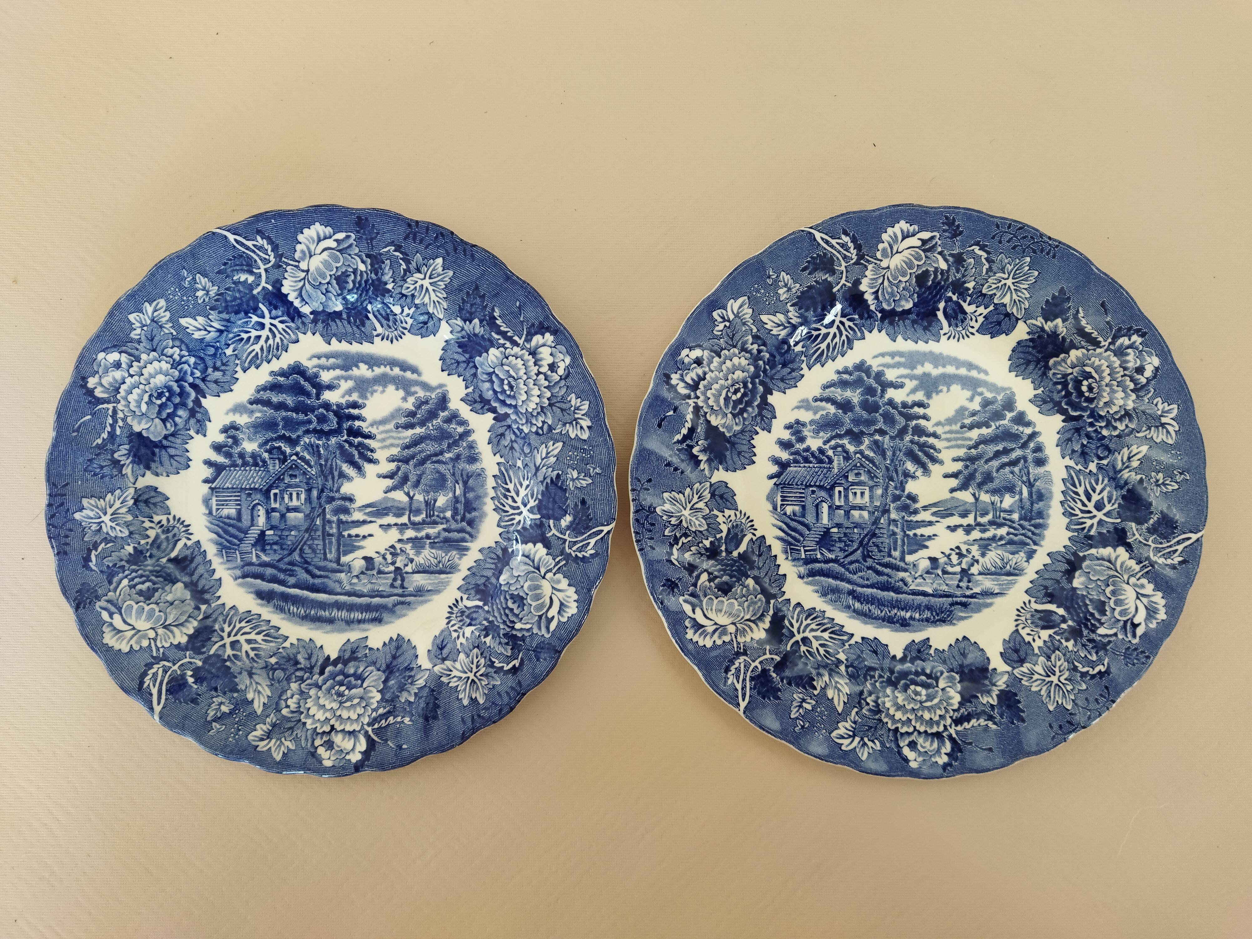 8 assiettes à dessert bleu & blanc Enoch Wood, Churchill & Lunéville