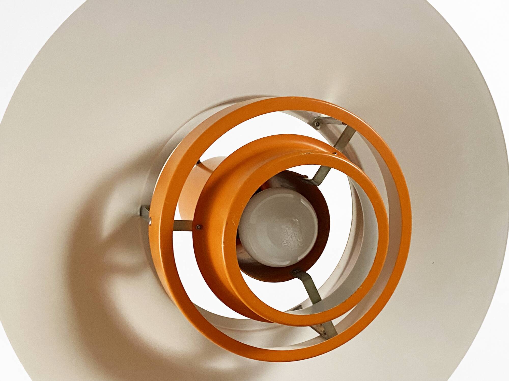 Pendant light "Falcon" two tone orange by Andreas Hansen for Fog & Mørup. Denmark 1960s.