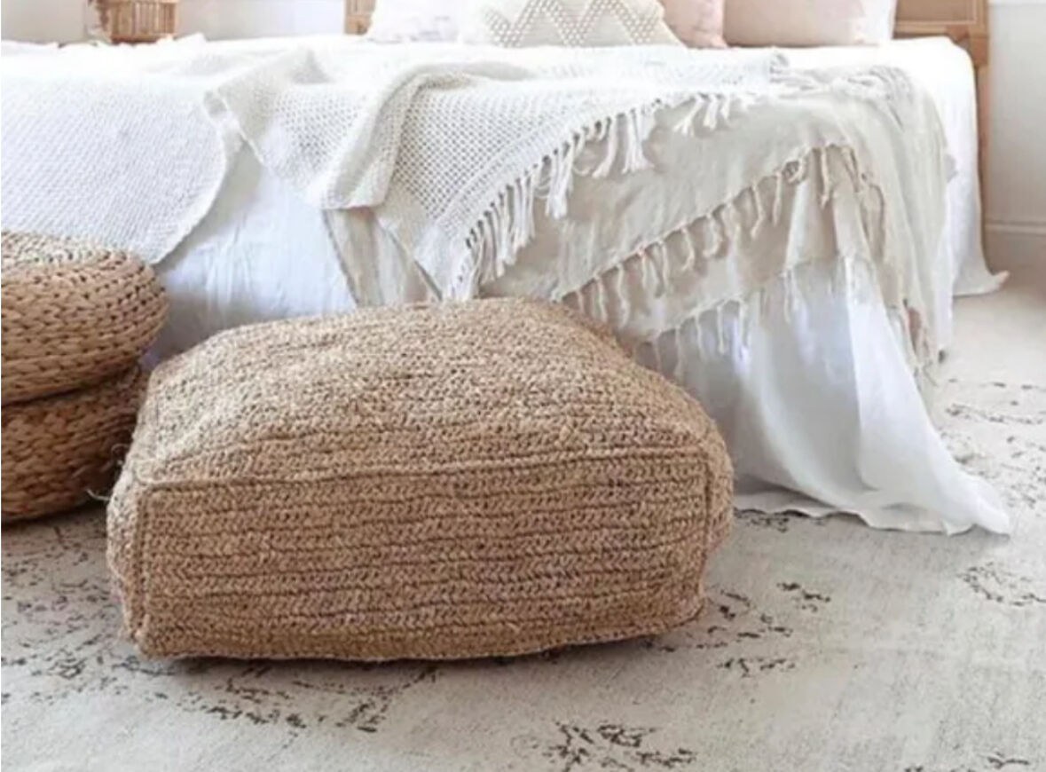 Square floor cushion pouf in natural bohemian jute raffia
