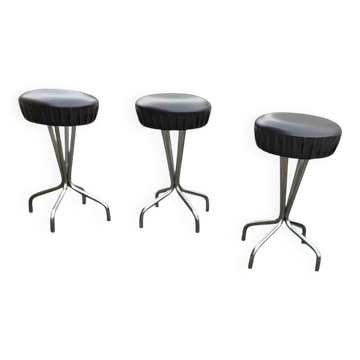 3 x stool / black top / chrome frame / 1970s  / Height 53 Depth 40 cm