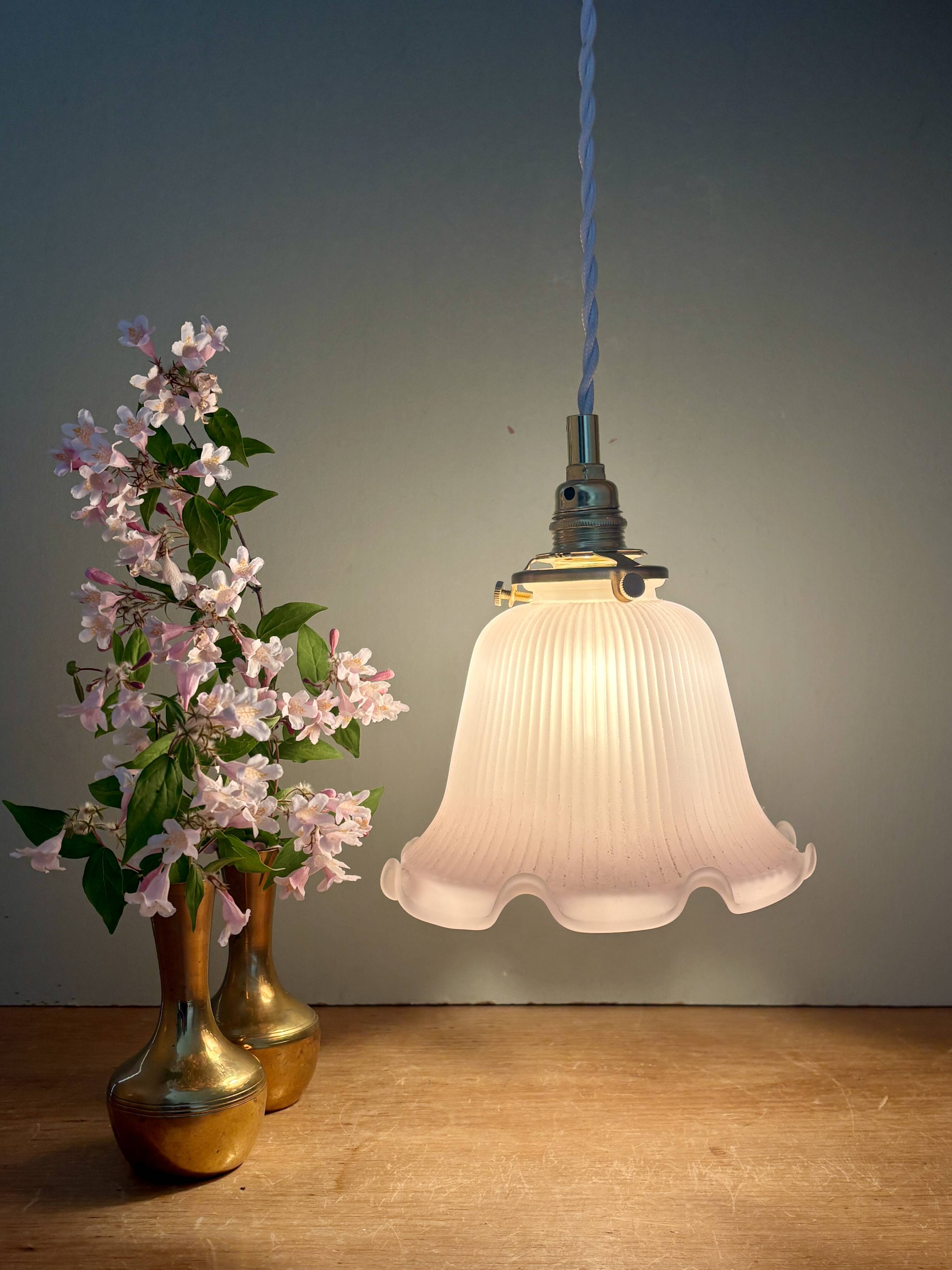Pendant light, vintage lampshade in pink frosted glass