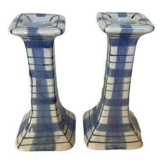 Pair of candlesticks patterns dish towels blue tiles