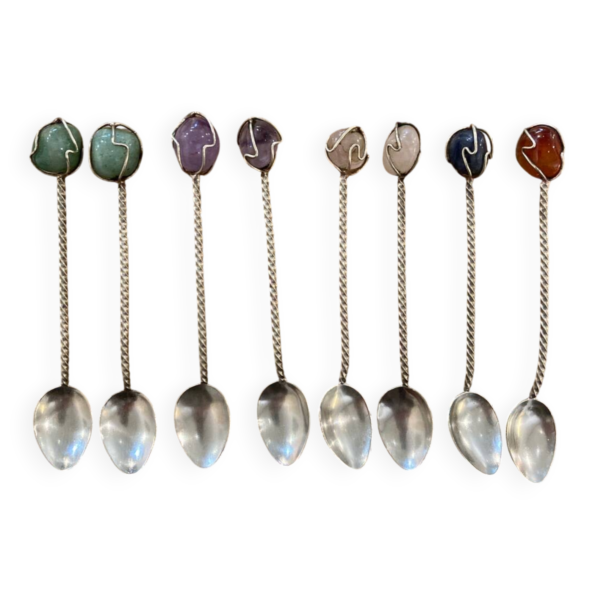 Box of 8 antique silver and stone spoons