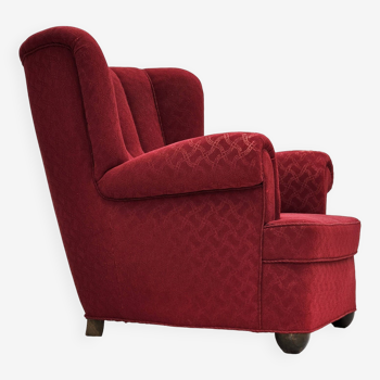 Années 1960, fauteuil relax danois, état d'origine, coton/laine rouge, bois de chêne.