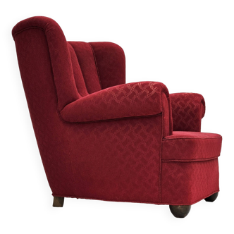 Années 1960, fauteuil relax danois, état d'origine, coton/laine rouge, bois de chêne.