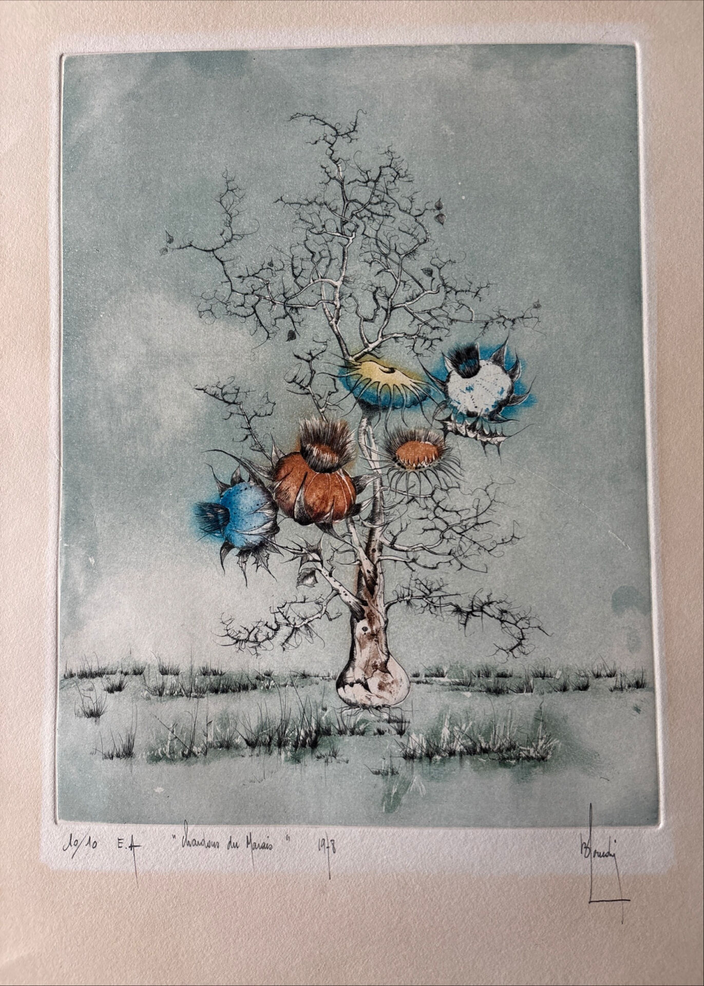 Original Engraving Bernard Louedin 1978 "Thistles of the Marsh" Signed Numbered