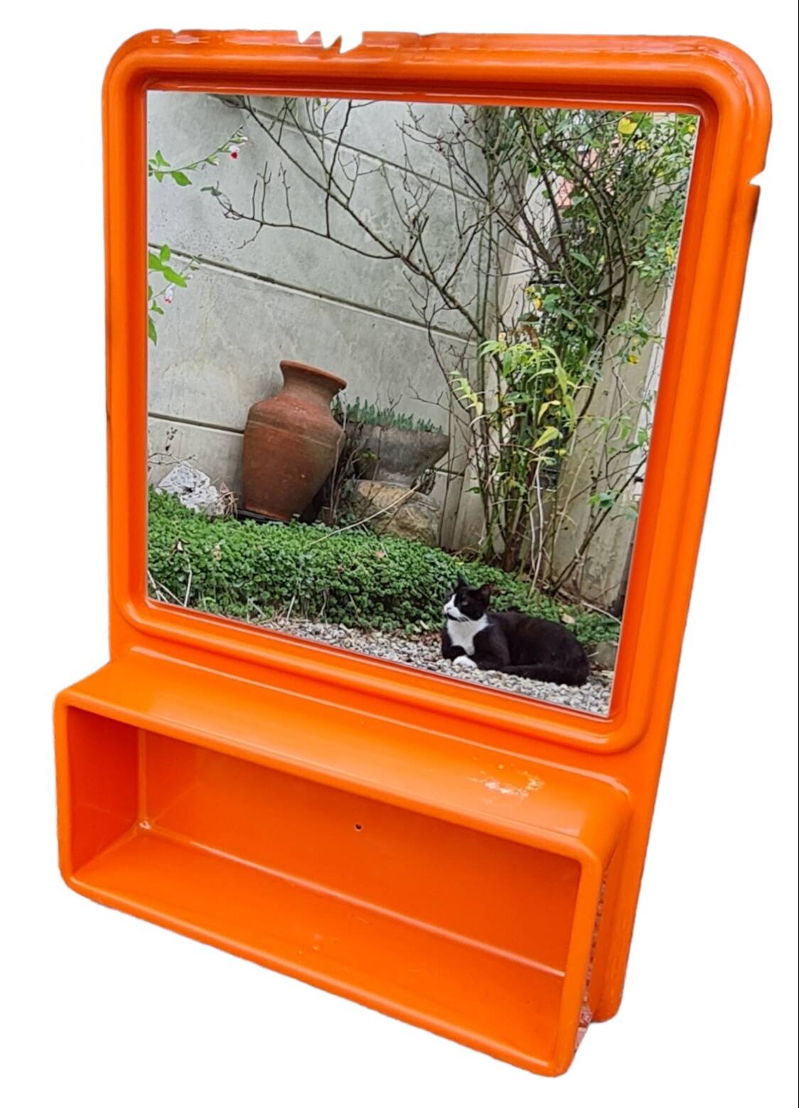 Vintage orange sixties molded plastic shelf mirror no shipping