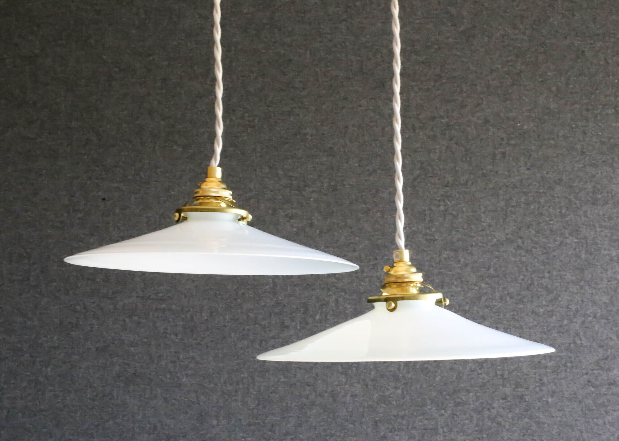 2 French suspensions in smooth white opalines with new cables and sockets