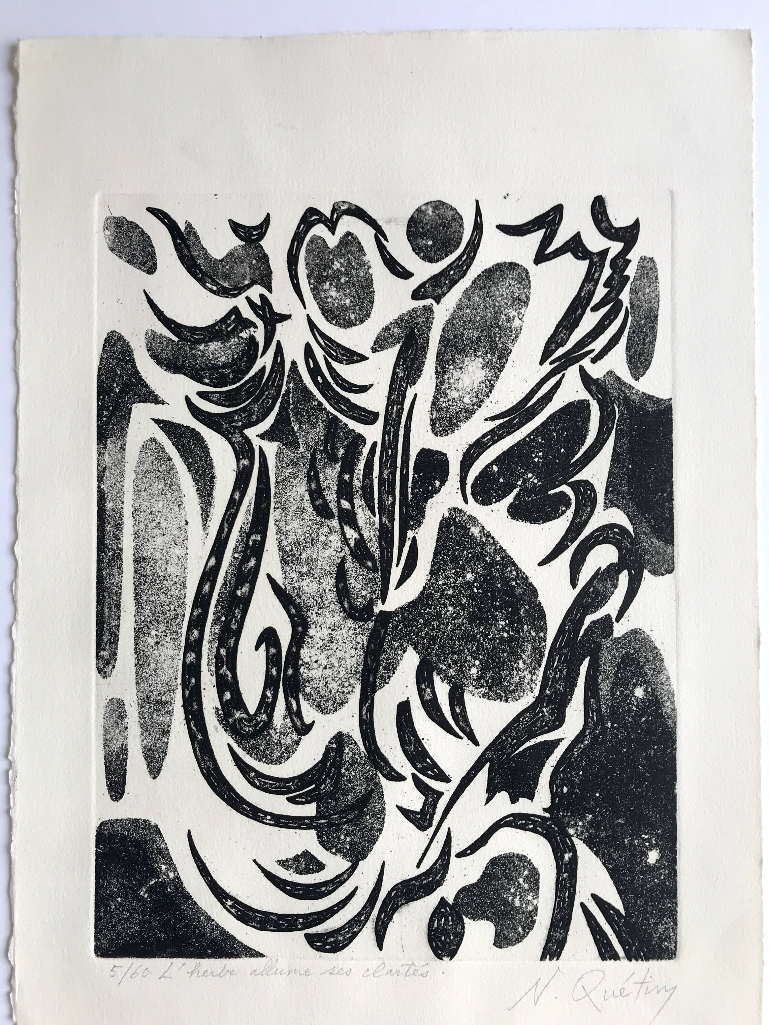 Nicole quétin, the grass lights up its lights, c. 1990. etching signed in pencil