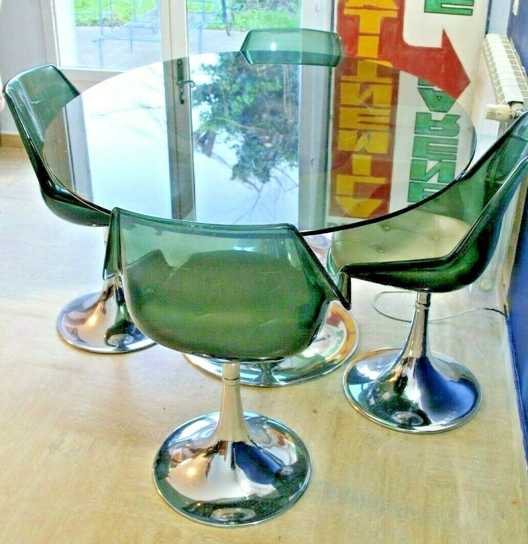 1960s Roche-Bobois set table + glass + 4 chairs, Tulip feet
