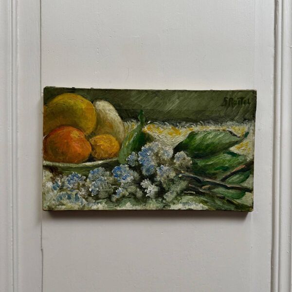 Huile sur toile, nature morte aux fruits et aux fleurs par S. Raitel