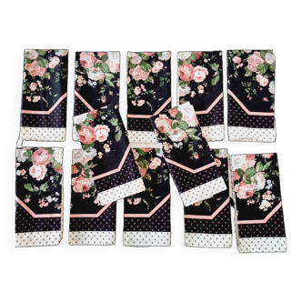 Set of 12 Victorian Floral Fabric Napkins in Shades of Pink, Black and Black Polka Dots