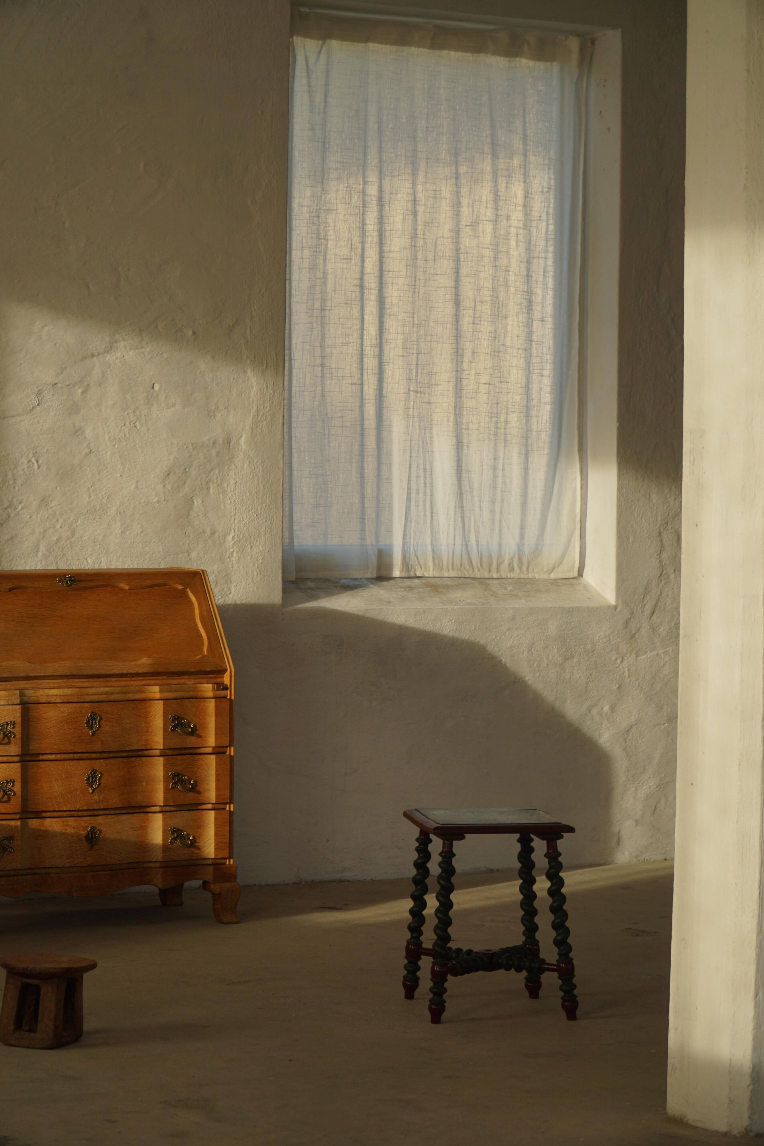 Vintage Scandinavian Stool Painted in Dark Green and Dark Red Wood, Folk Style, 1940s