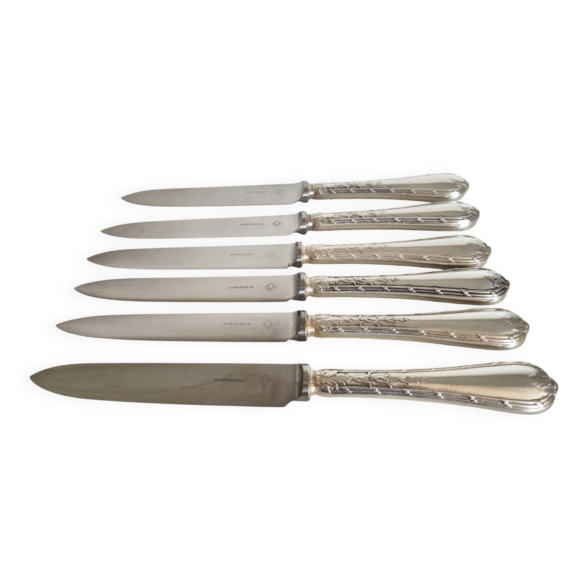 Lot de 6 couteaux de table Christofle ,  lame inox et manche en argent