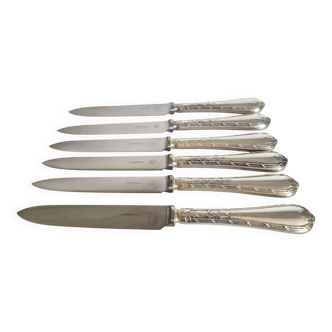 Set of 6 Christofle table knives, stainless steel blade and silver handle.