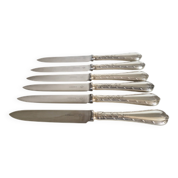 Set of 6 Christofle table knives, stainless steel blade and silver handle.