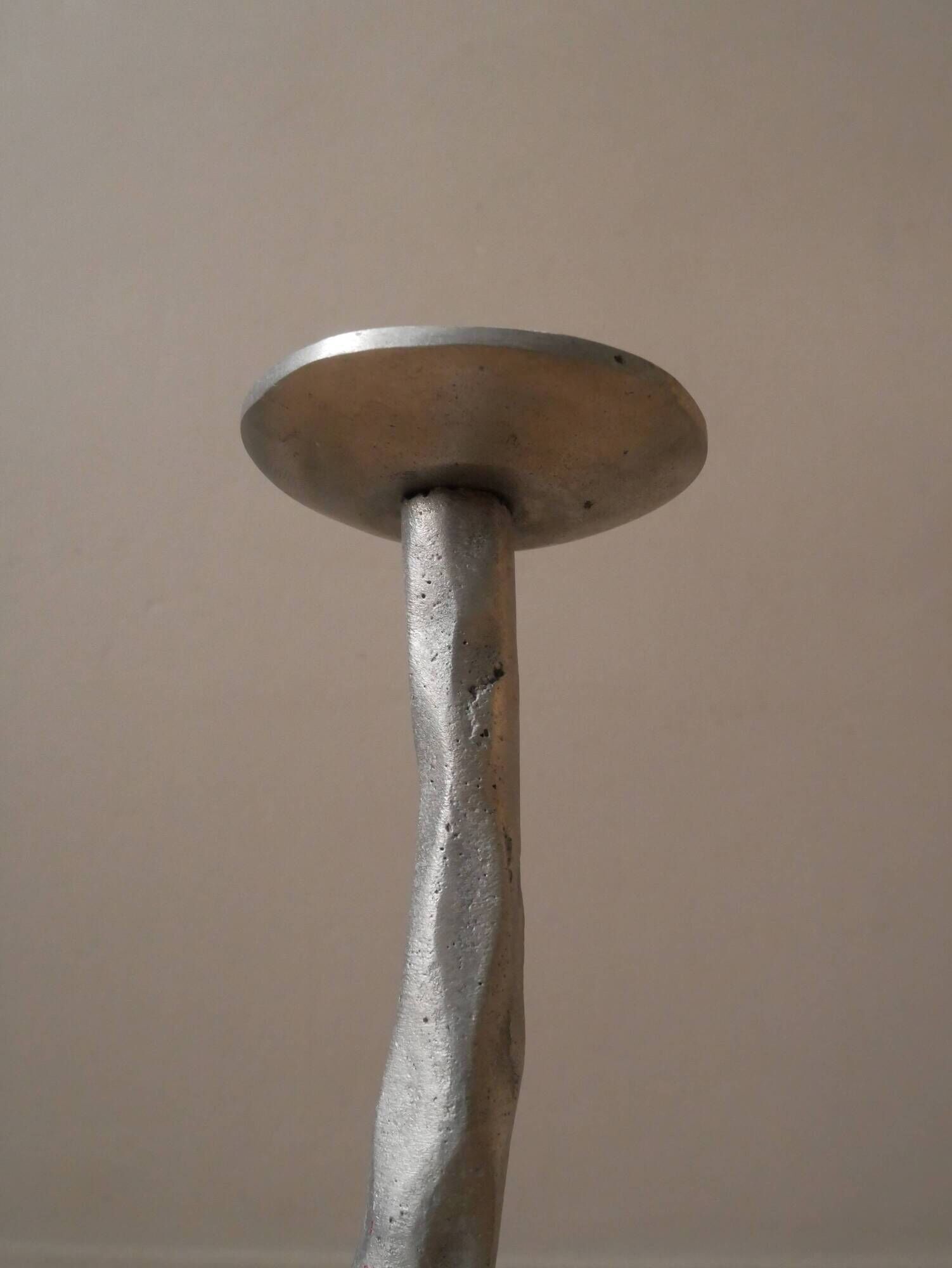 Pair of brushed aluminum candle holders sculpted contemporary brutalist design handmade sculptures