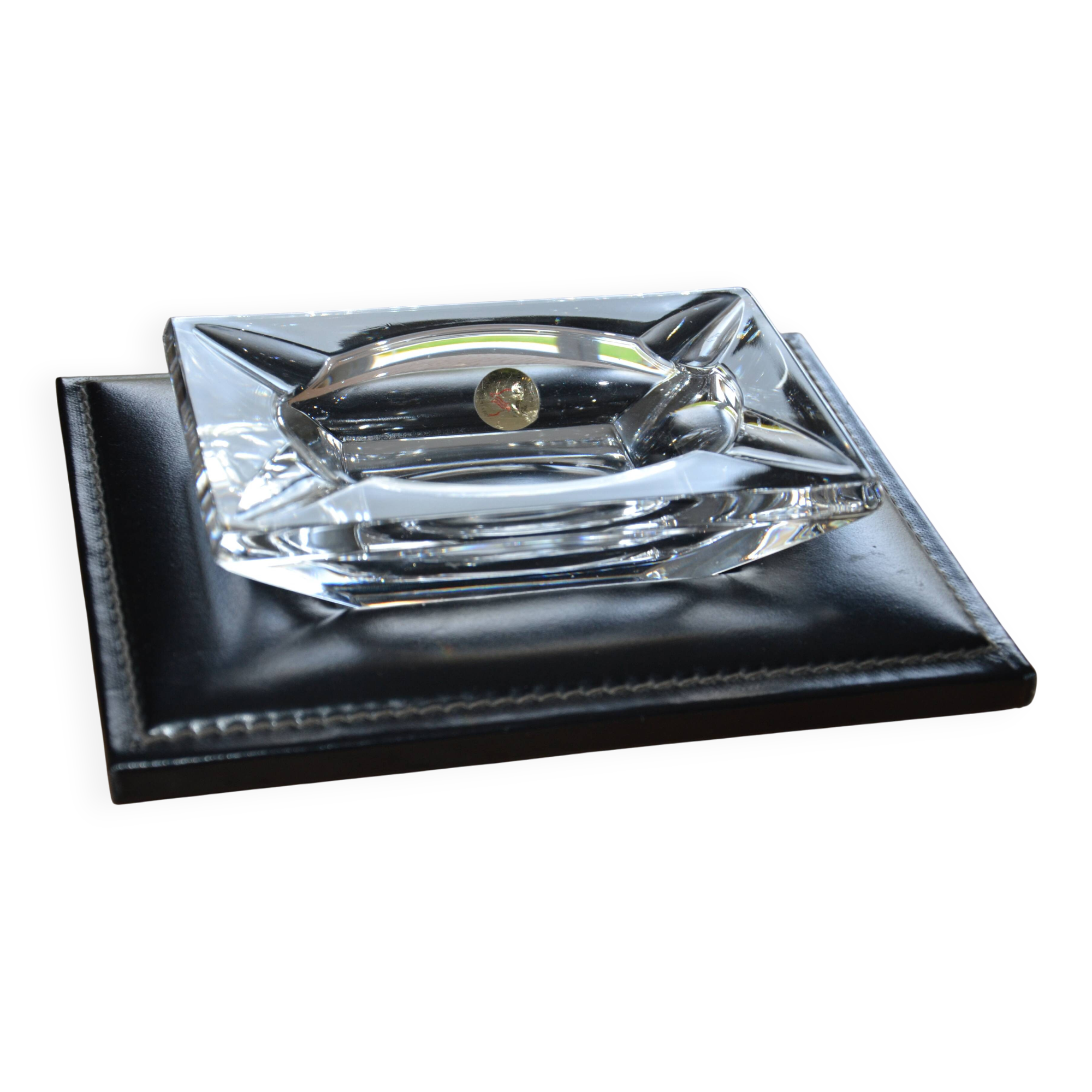 Antique crystal ashtray with its leather stand