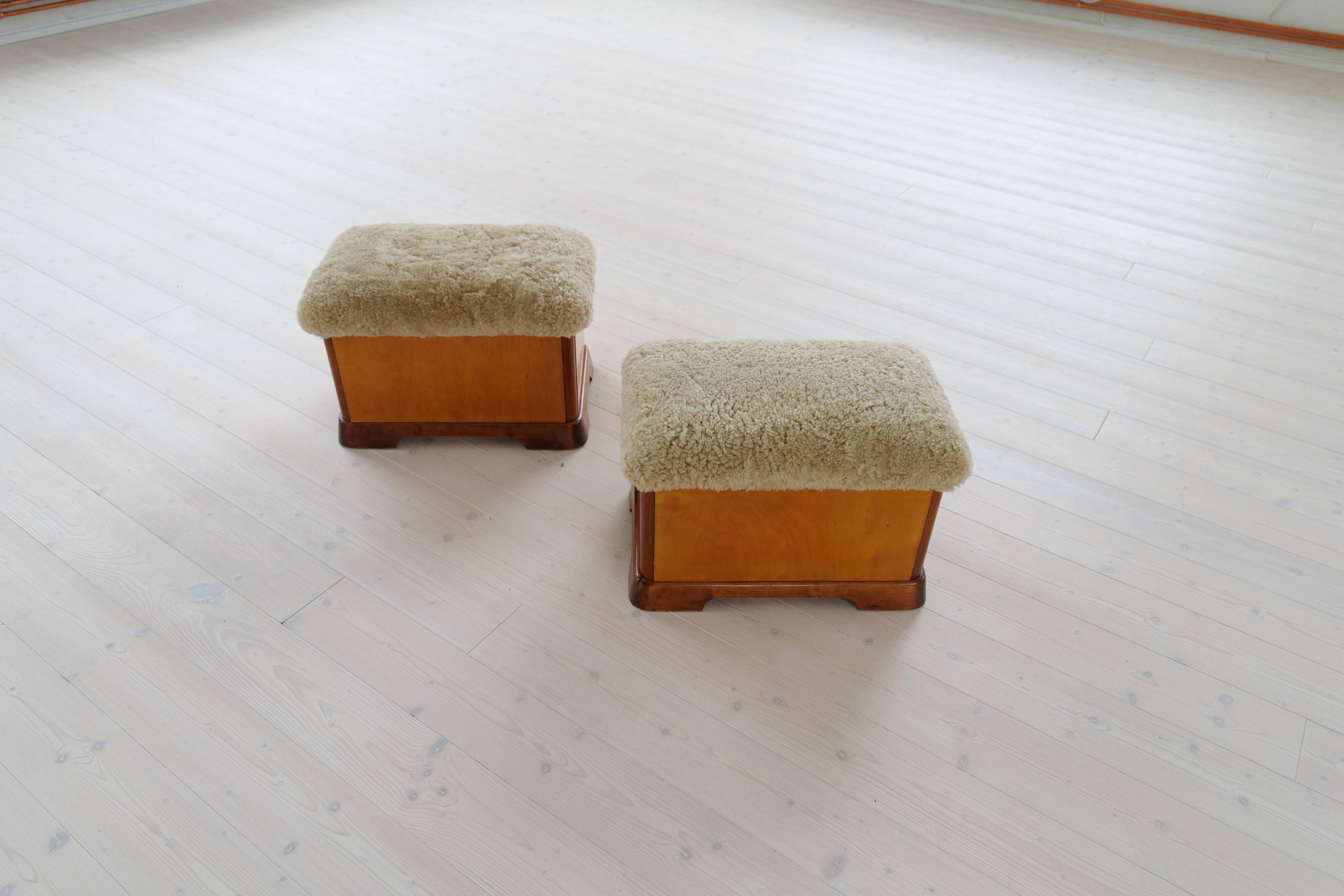 Swedish Art Deco Stools in Lacquered Birch with Sheepskin Seat, 1940s