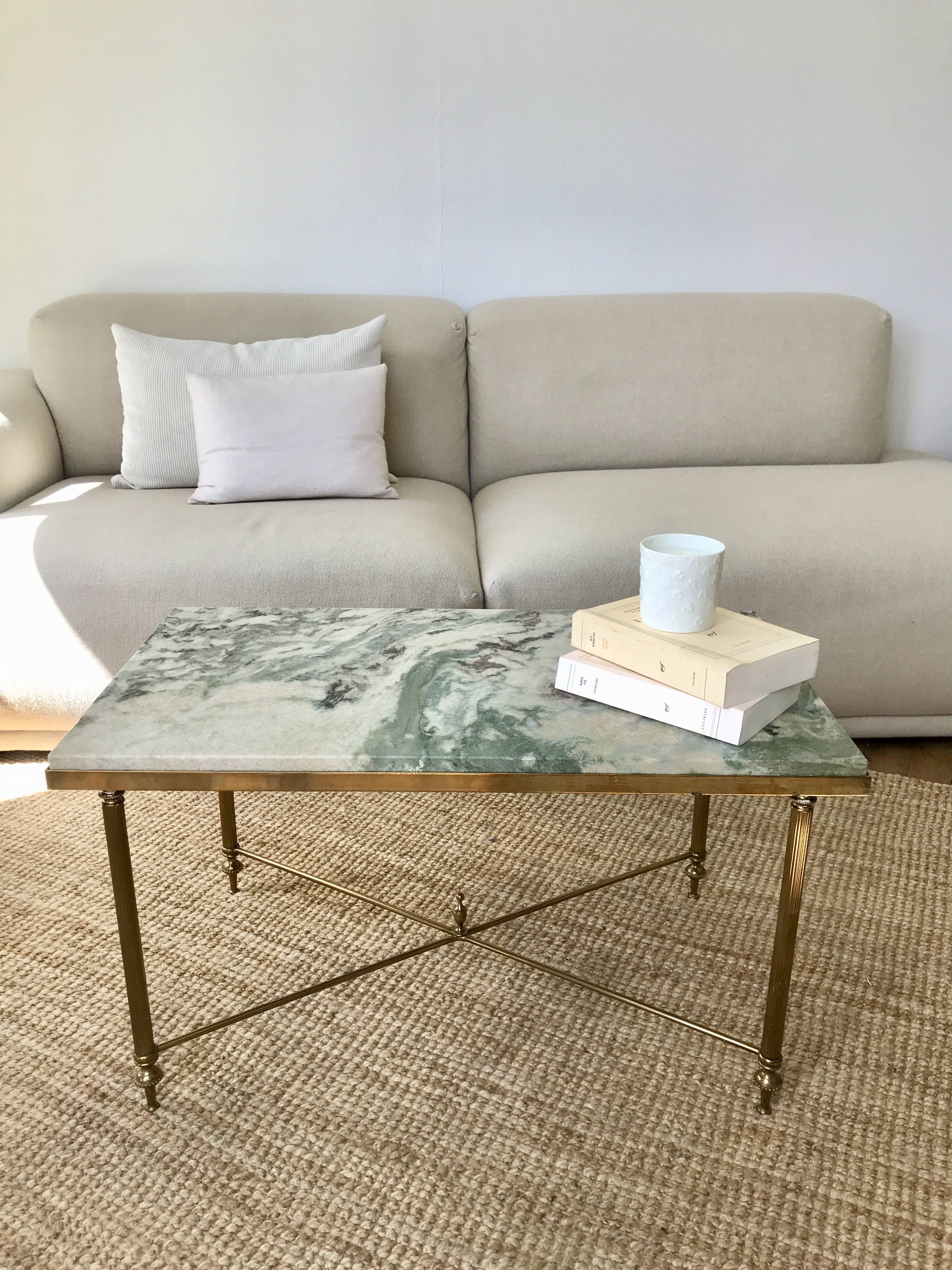 Coffee table in brass and green marble