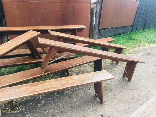lot of 10 '30s bistro benches in pretty pattine fir