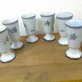 Set of 6 mazagrans with plant motif (carnations) blue-gray on white background