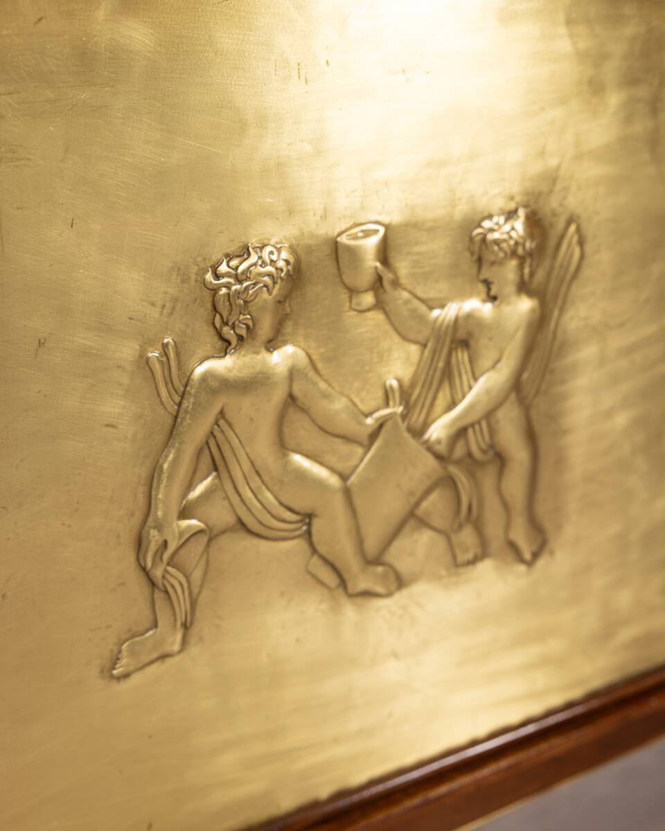 Buffet vintage années 40 en bois bas-reliefs en laiton et marbre design italien