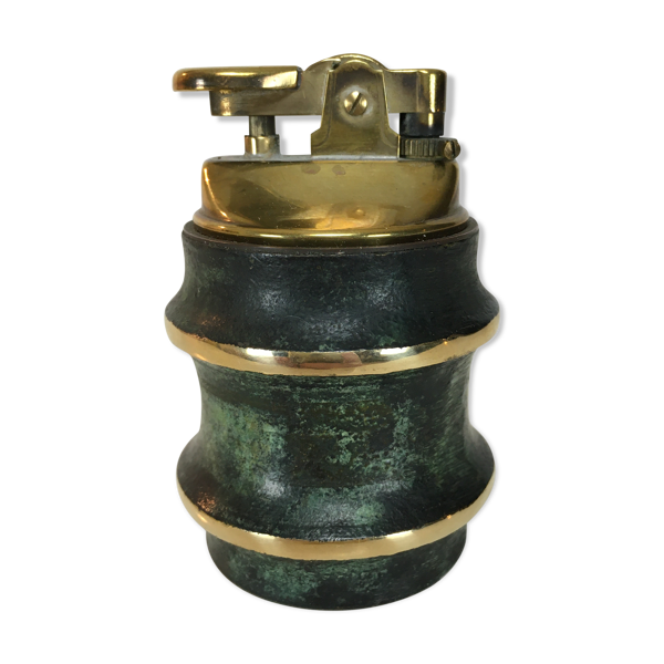 Briquet de table des années 50 noir et laiton doré, design bambou