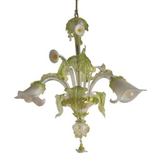 Floral and Green Leaf Milky “Calle” Glass Chandelier