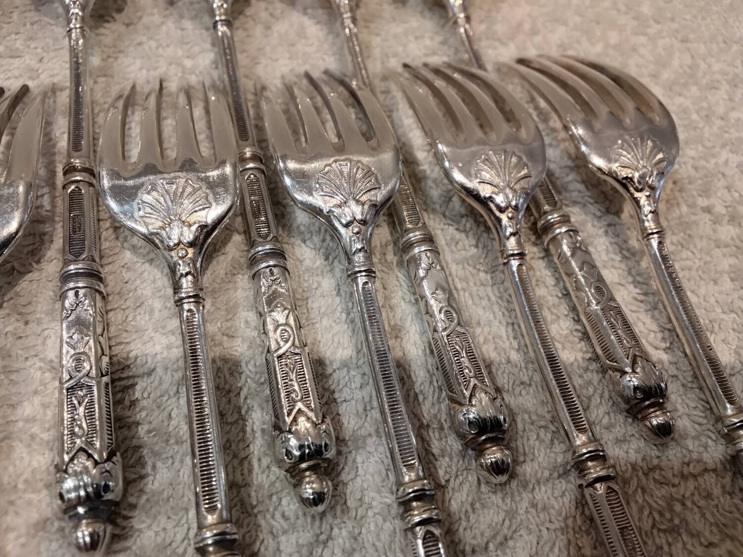 12 silver-plated metal cake forks with 4 prongs, Russian silversmith SFAM.