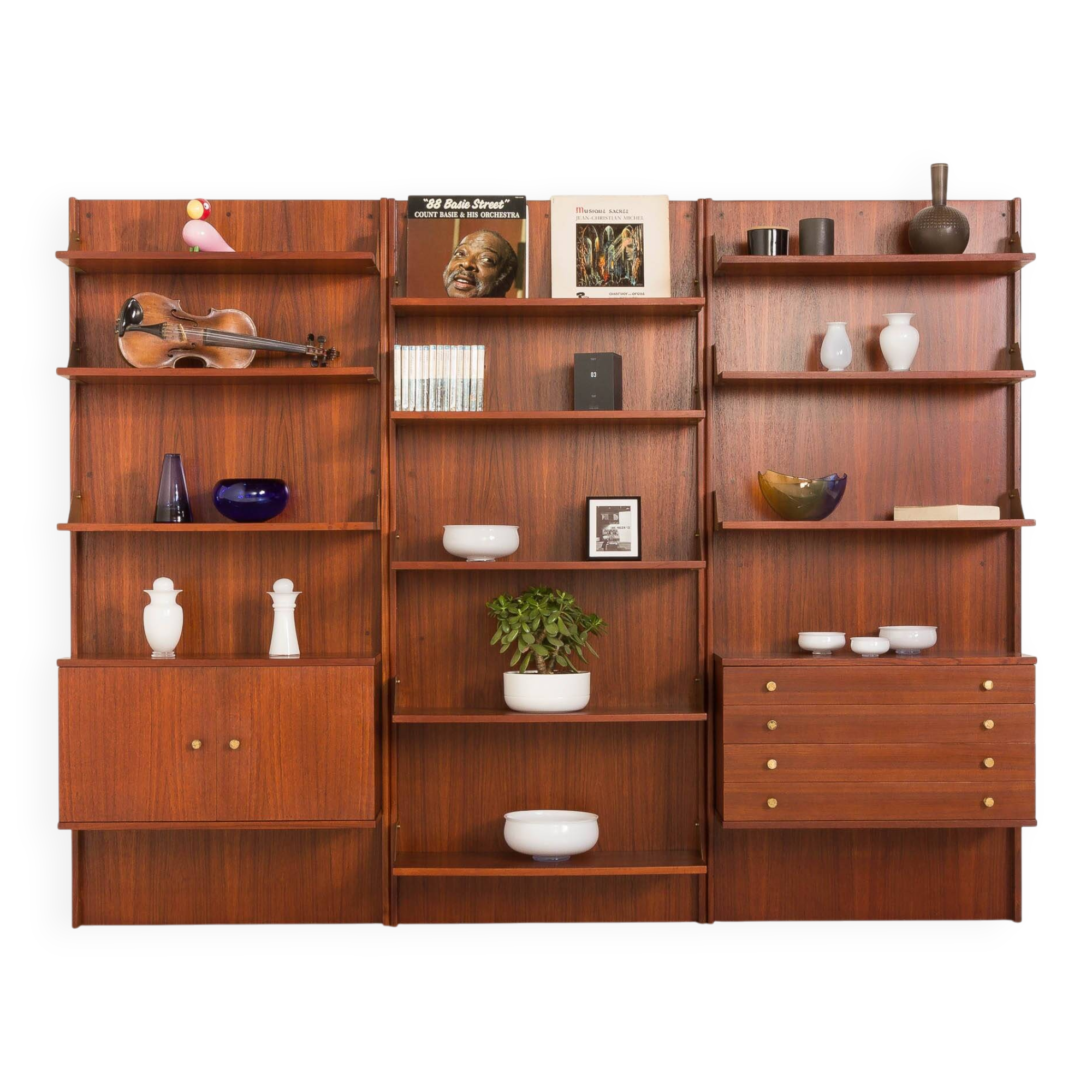 Italian mid-century teak wall unit on panels, 1970s