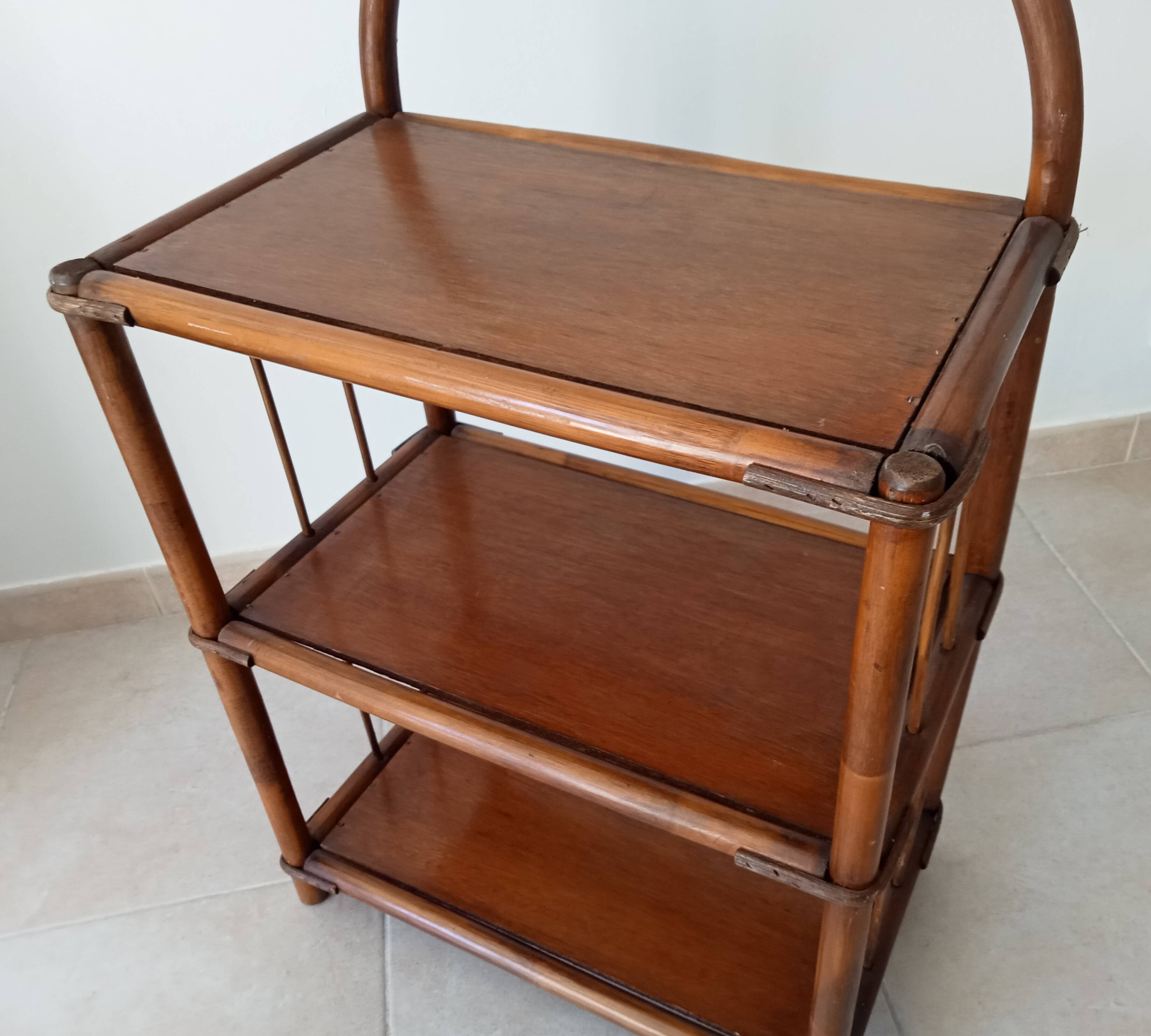 Vintage bamboo and rattan standing shelf
