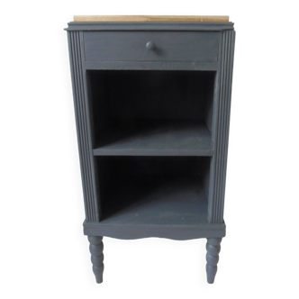 Bedside table, vintage side piece re-enchanted in slate gray, oak top.