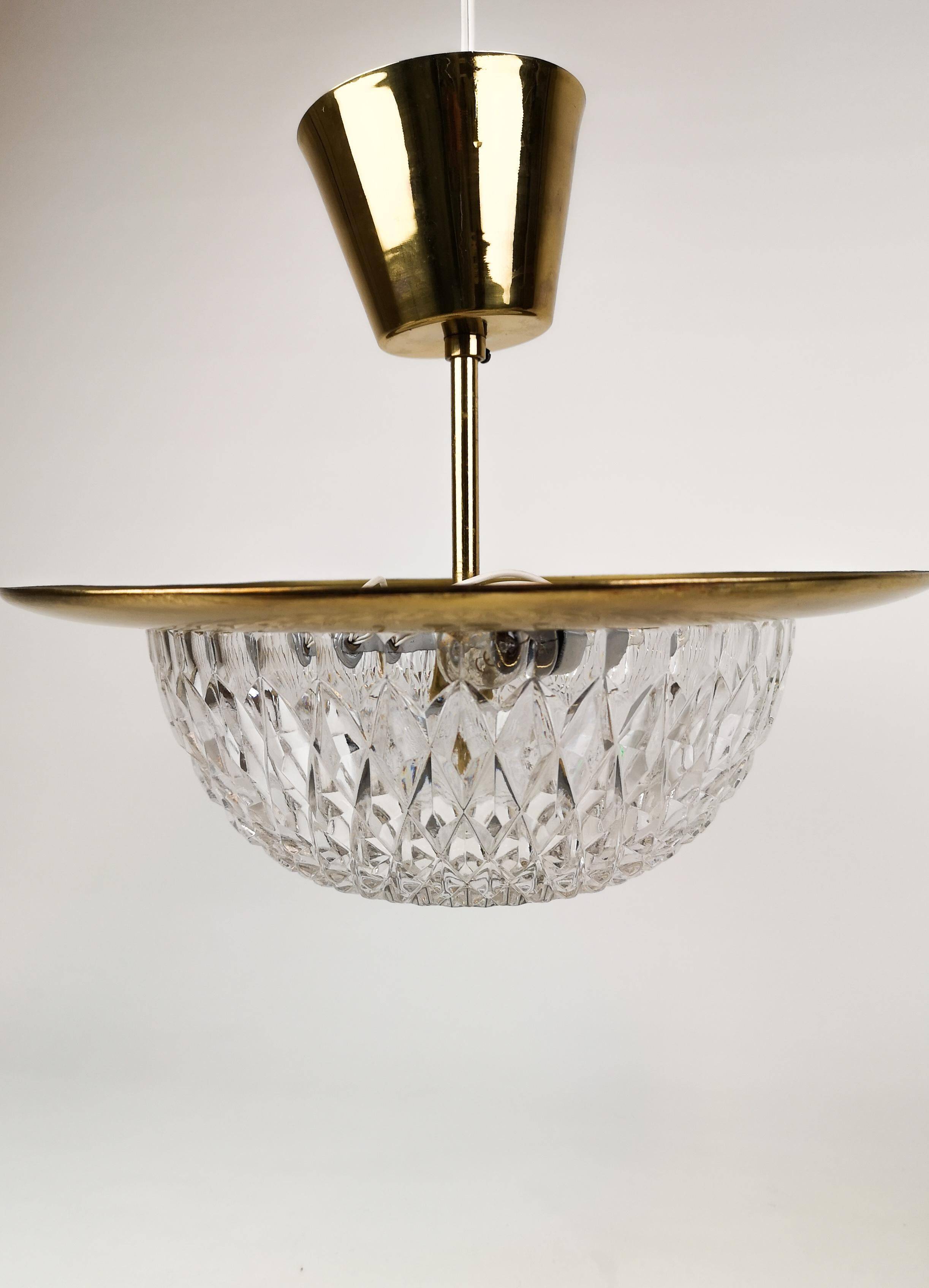 Brass and Crystal Ceiling Lamp from the 1960s by Tyringe for Orrefors, Sweden