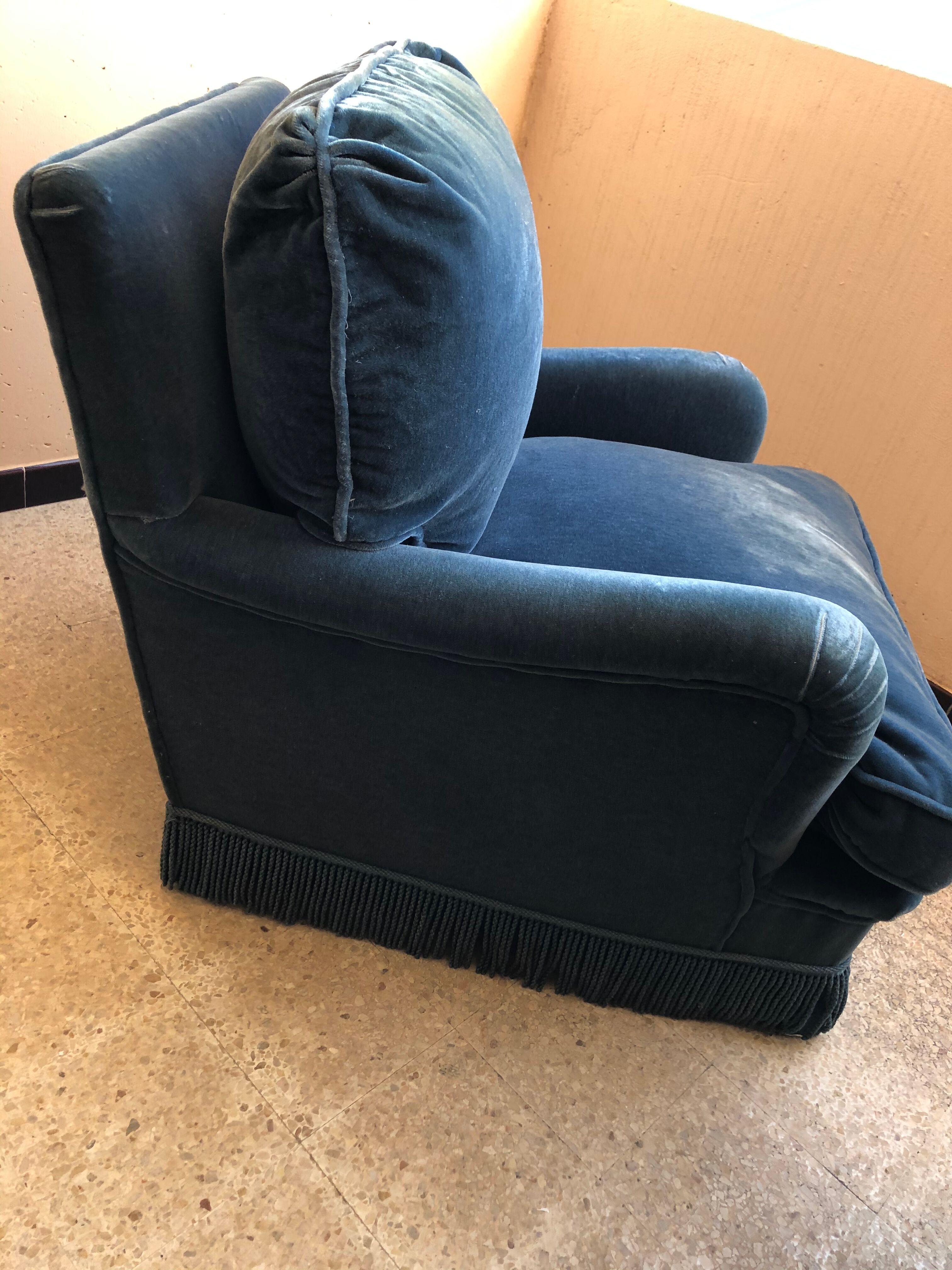 Pair of vintage chairs in oil blue velvet.