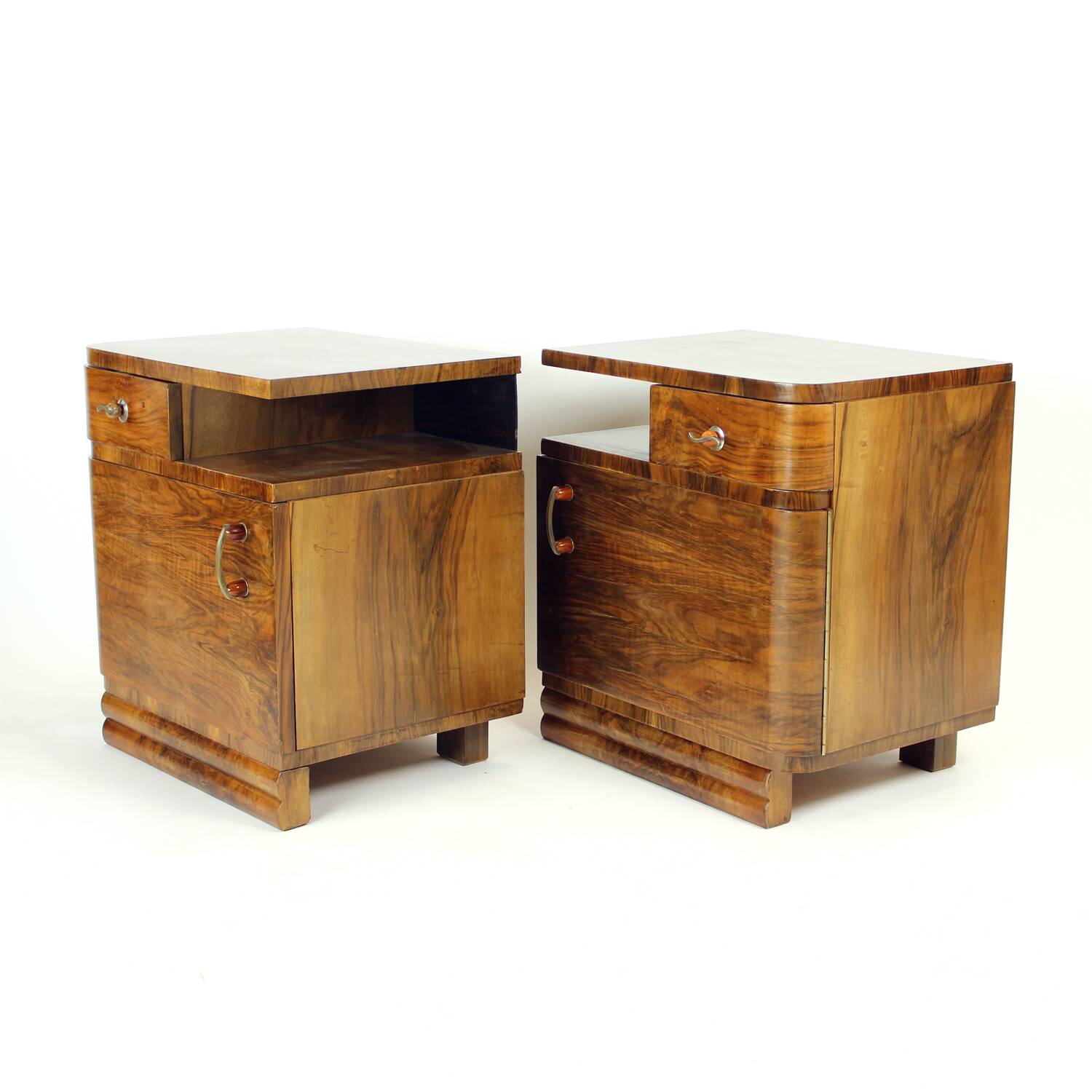 Pair Of Art Deco Bedside Tables In Walnut, Czechoslovakia 1930s