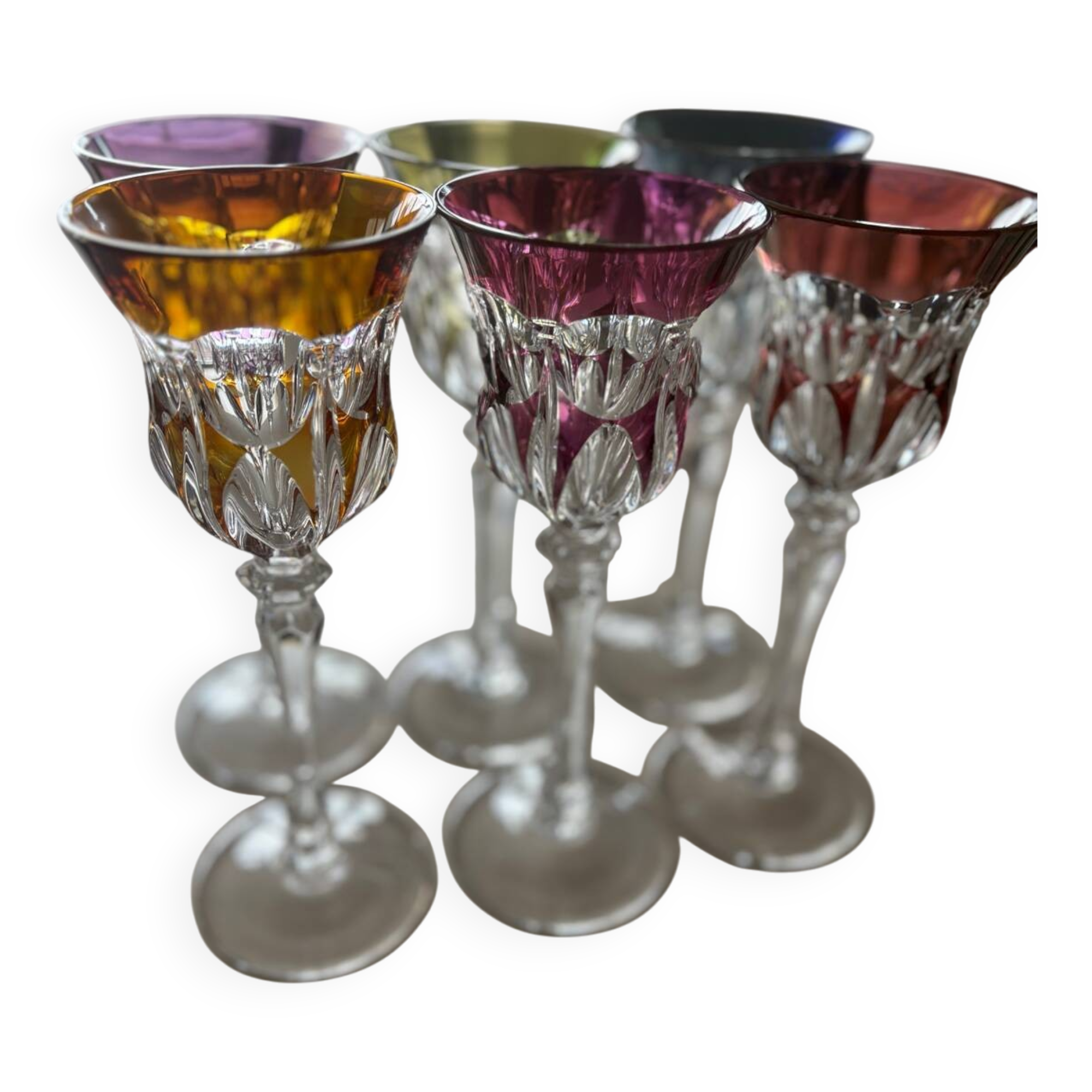 Set of 6 cut crystal liqueur glasses in colour – Bohemian style