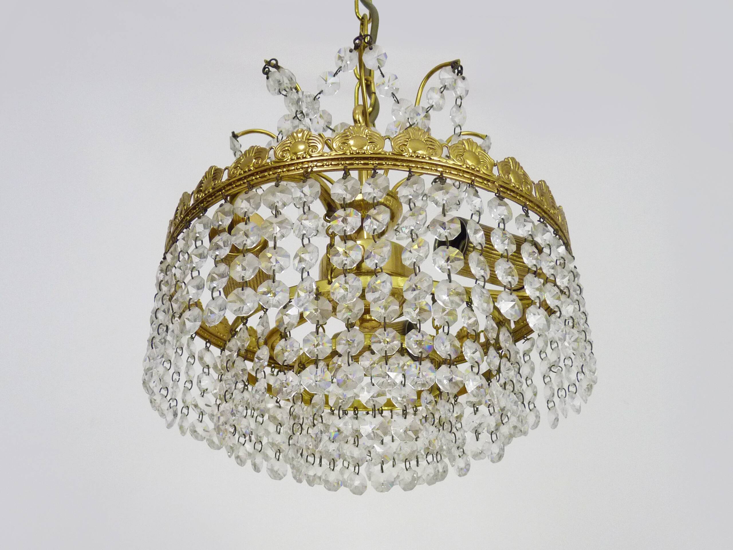 Old chandelier, brass crown ceiling light, 3 floors, 3 lights, glass pendants. 60s