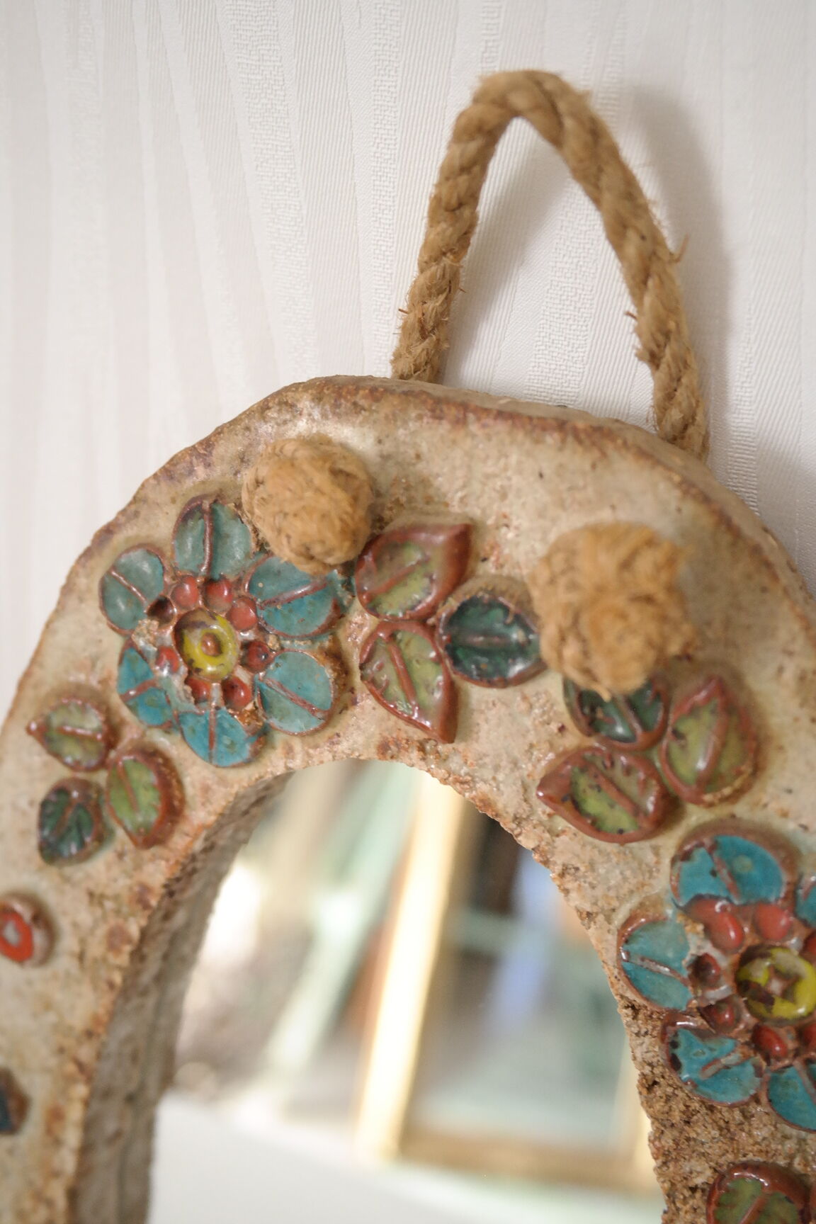 Vallauris ceramic mirror decorated with flowers, circa 1960