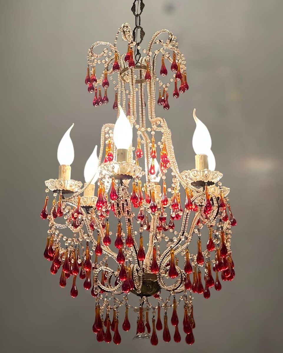 Vintage italian murano glass crystal macaroni beaded chandelier, 1950s